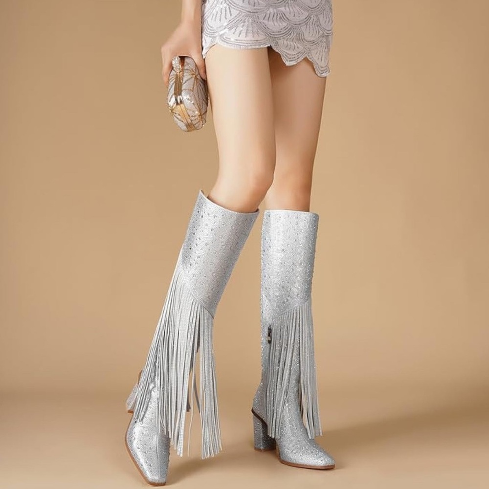 🆕 Rhinestone Silver Fringe Knee-High Boots - Picture 11 of 13